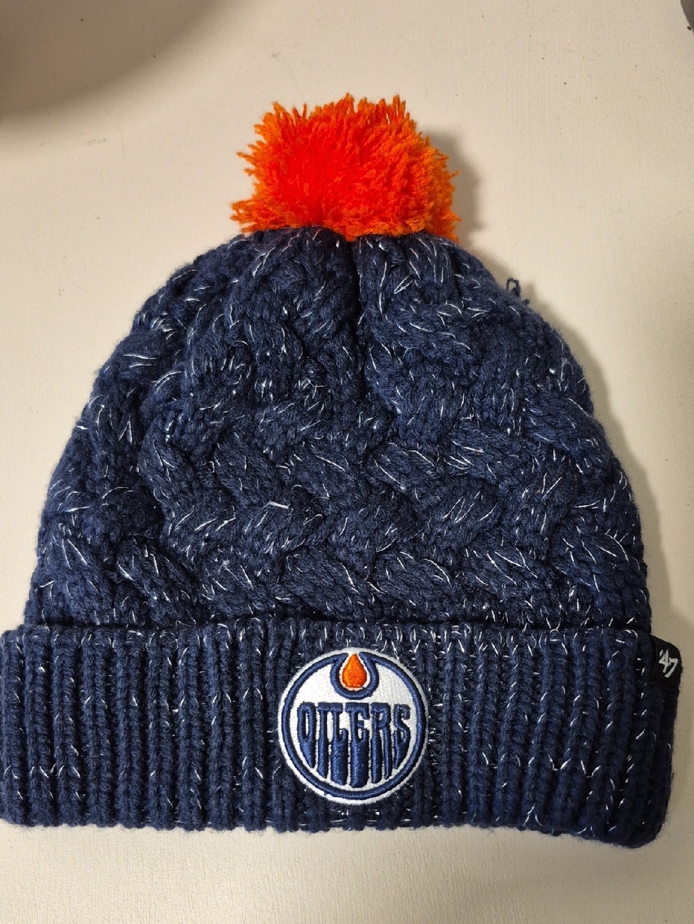 Womens Oilers Touque - Navy with Orange Pom and Silver